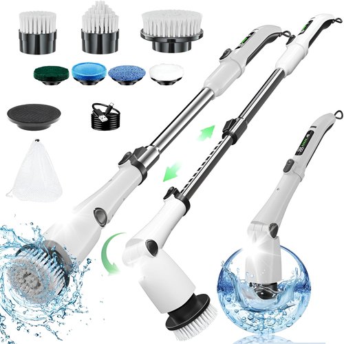 Electric Spin Scrubber Cleaning Brush, Full-Body IPX7 Waterproof Cordless Cleaning Brush with Adjustable Extension Handle, 3-Speed Shower Scrubber with 7 Replaceable Brush for Bathroom, Kitchen, Floor