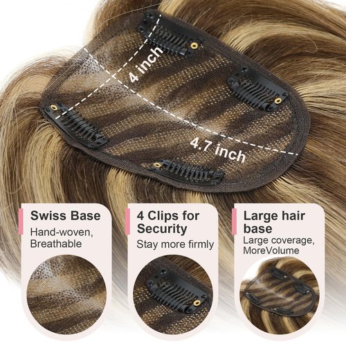 FU SHEN Hair Toppers for Women Real Human Hair 12inch Professional Grade 10X12CM Swiss Base Hairpiece for Thinning Hair Breathable Human Hair Topper Clip in Toppers(2T613#)