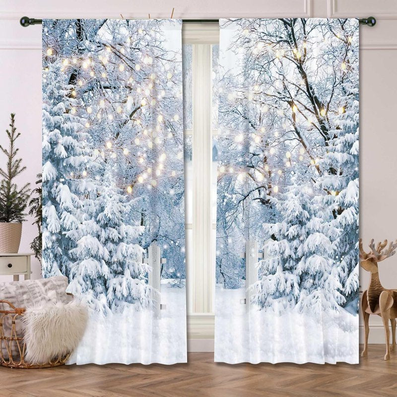 Winter Scene Window Curtain Pair - Blue Wonderland Snowflake Forest for Christmas & Home Decor