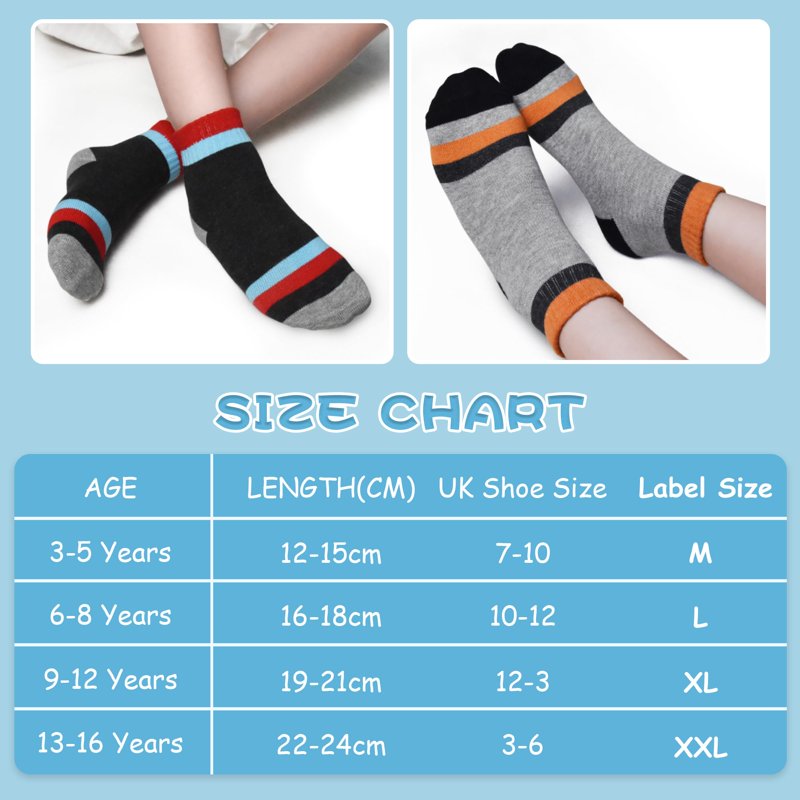 Kids Cotton Socks Pack - Breathable, Multi-Color Striped Athletic Socks for Boys 3-16 Years