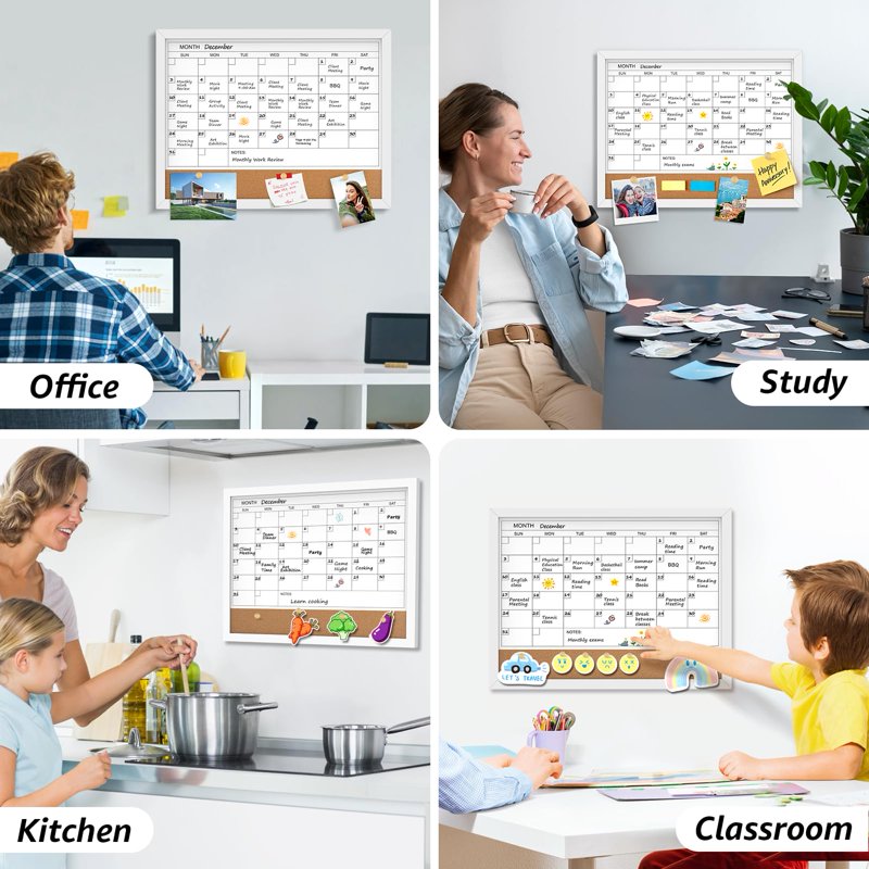 Magnetic Dry Erase Calendar & Corkboard Wall Board 17x13 in Gray Frame