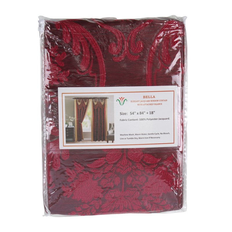 Jacquard Curtain Panel with Waterfall Valance and Attached Scarf - Burgundy, 54x84 Inches
