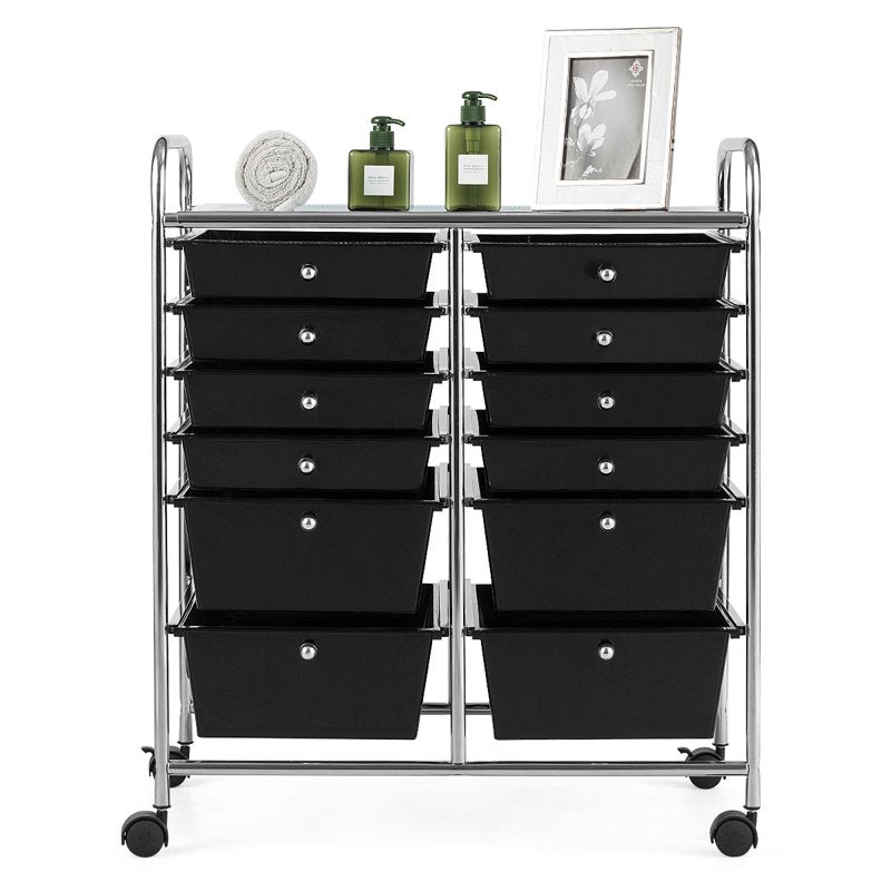 12-Drawer Rolling Storage Cart with Lockable Wheels - Black Metal Organizer
