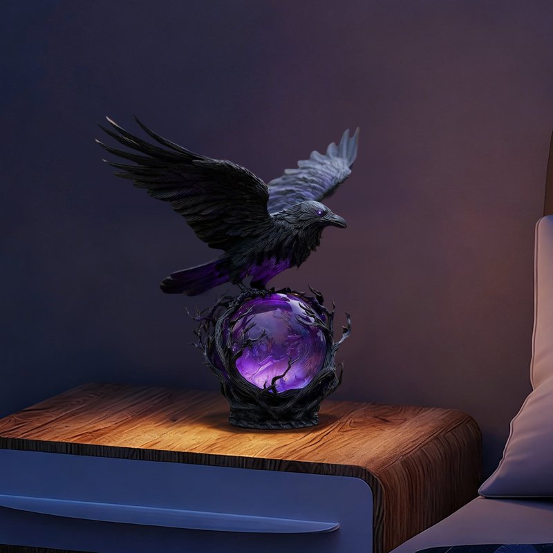 Gothic Raven Night Light Sculpture with Glowing Orb - Dark Academia Indoor Decor