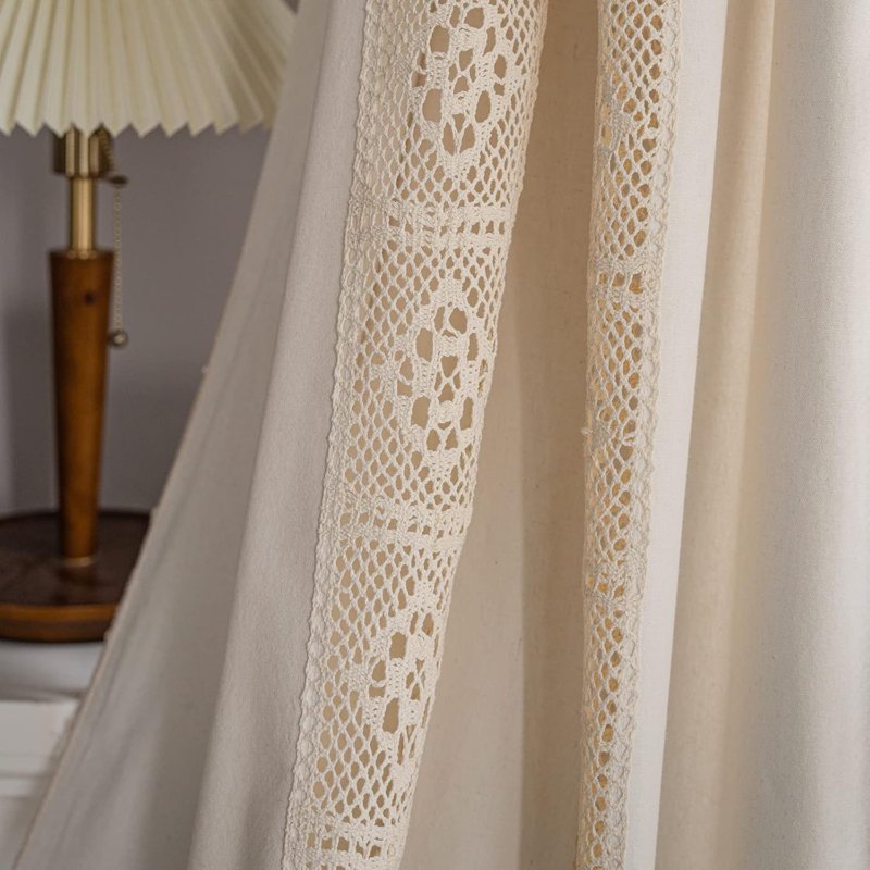 Boho Bedroom Curtains Cream & Beige Cotton Linen Patchwork with Tassels - Semi-Blackout Window Panel