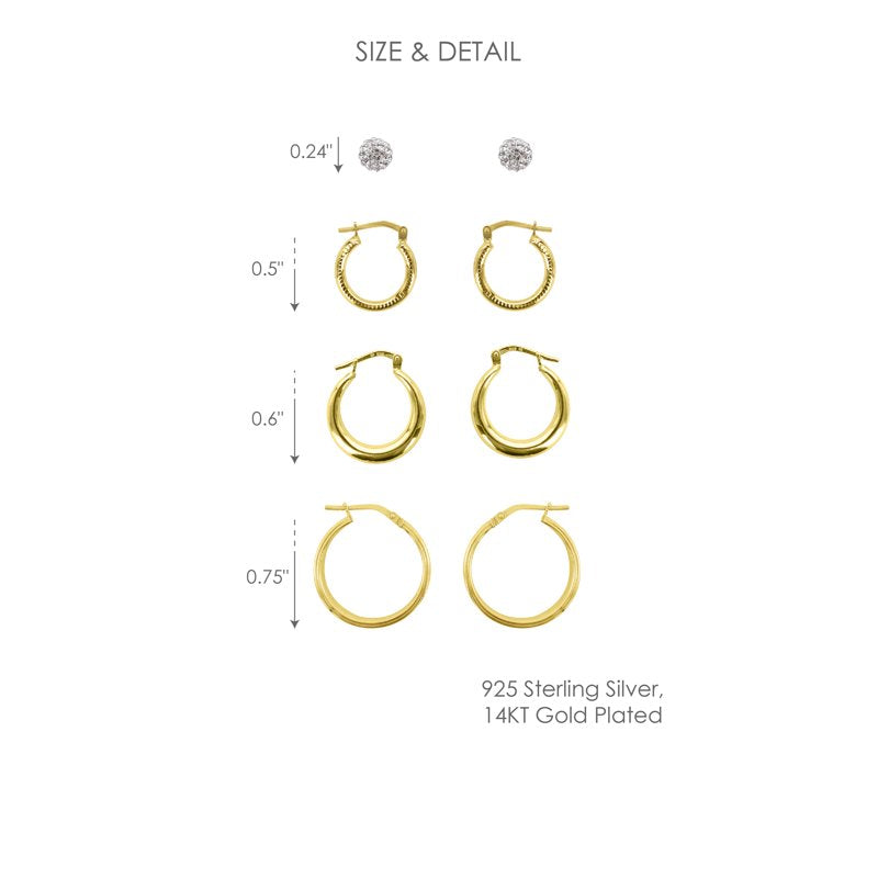 Sterling Silver Gold Plated Crystal Stud and Hoop Earring Set – 4 Pairs for Adults