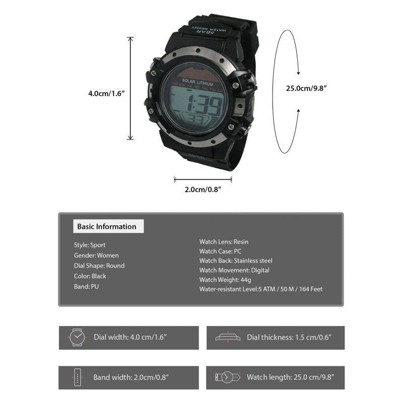 Men's Solar Digital Wristwatch with Stopwatch and Water Resistance