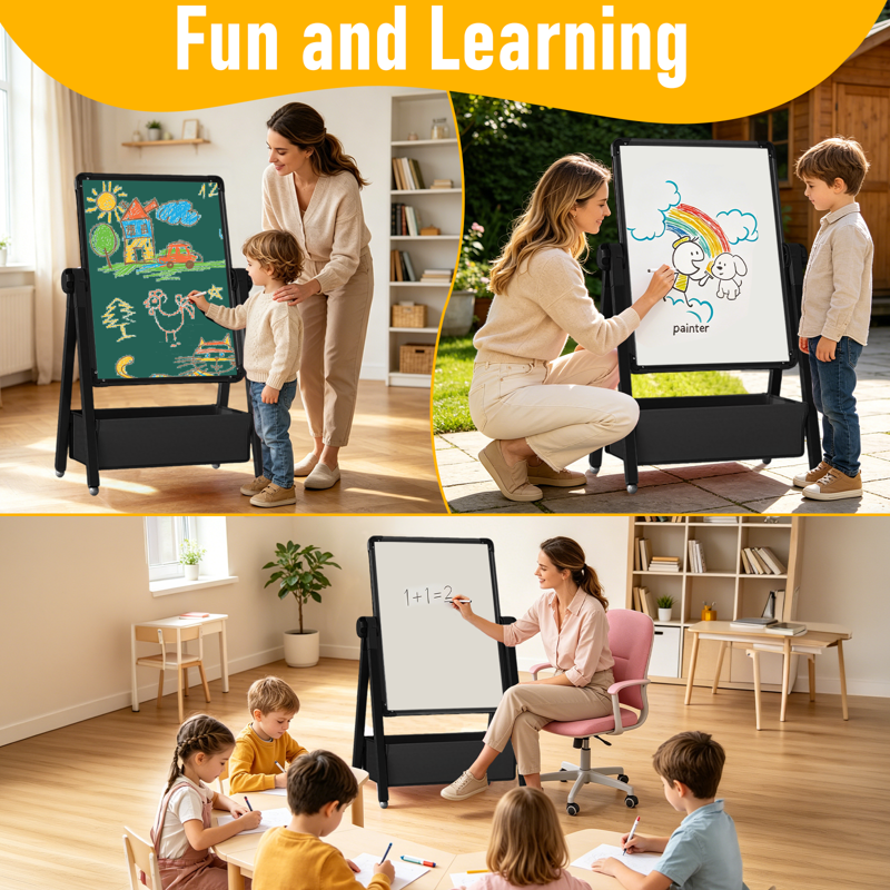 Kids Art Easel with Double-Sided Magnetic Whiteboard & Chalkboard, Adjustable Height, Toddler Gift