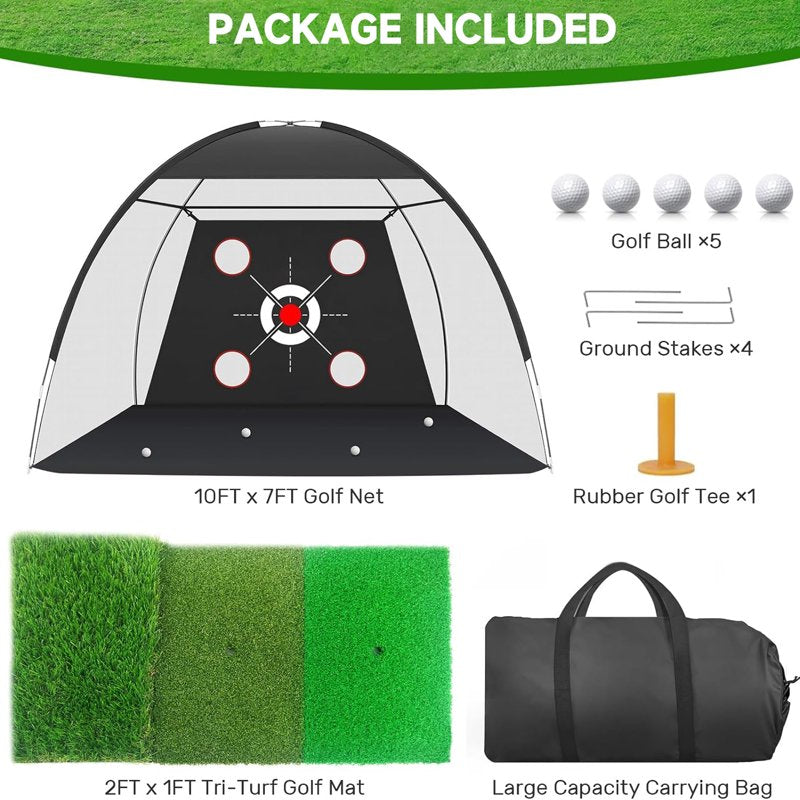 Golf Net with Practice Mat - 10x7ft Hitting Net for Backyard Driving, Chipping and Swing Training