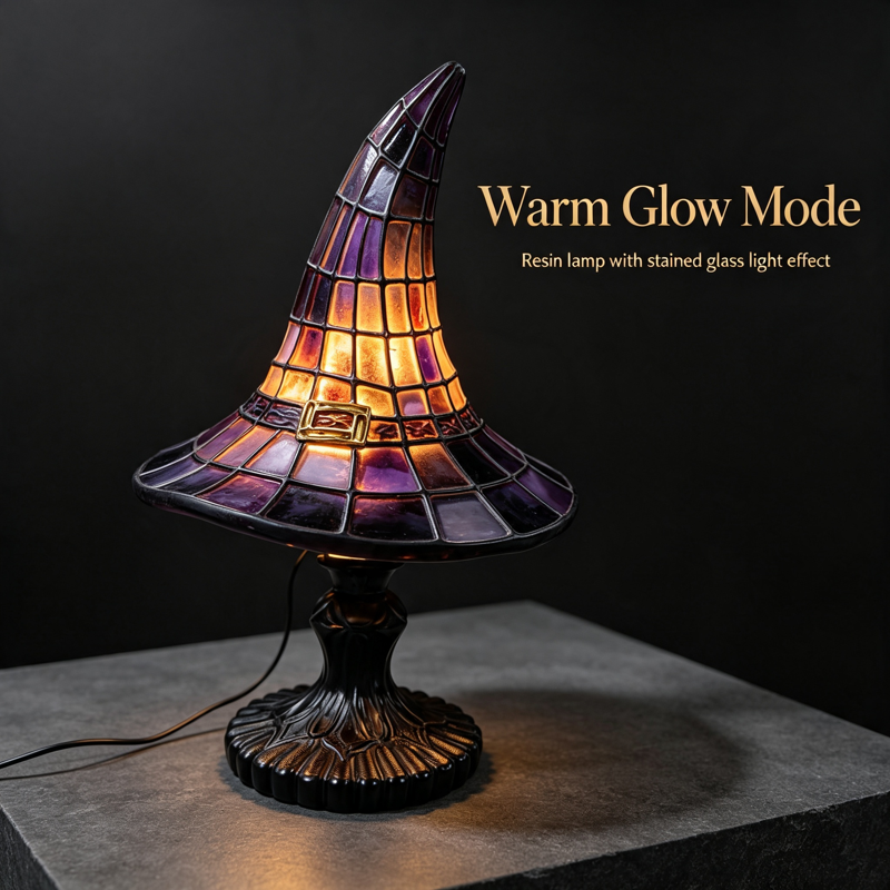 Gothic Witch Hat Lamp - Stained Glass Halloween Night Light - Vintage Resin Table Lamp for Home