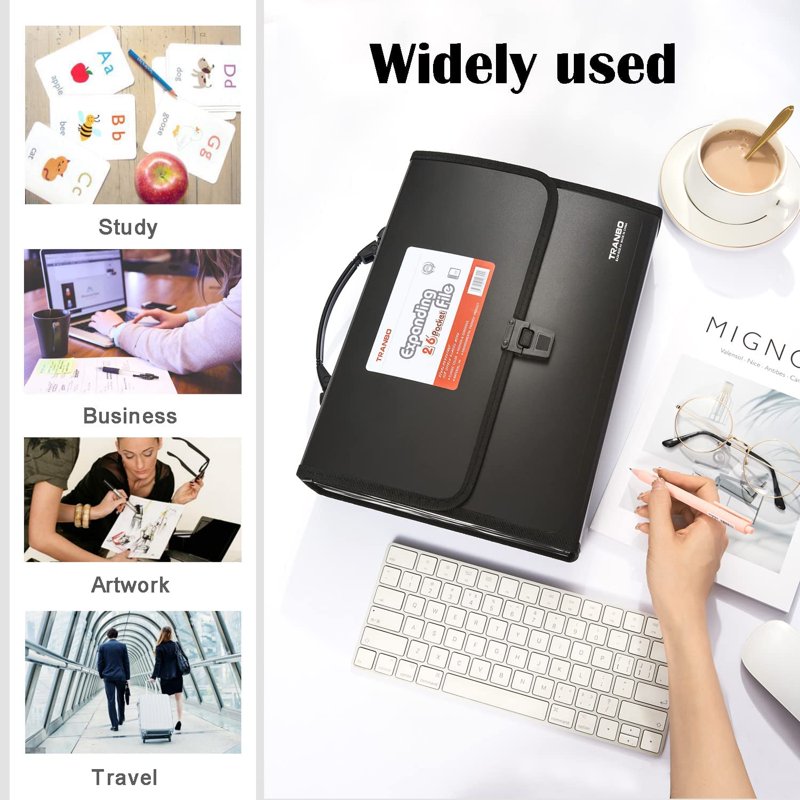 TRANBO 26-Pocket Accordion File Organizer, Letter Size/A4 - Black, With Durable Handle