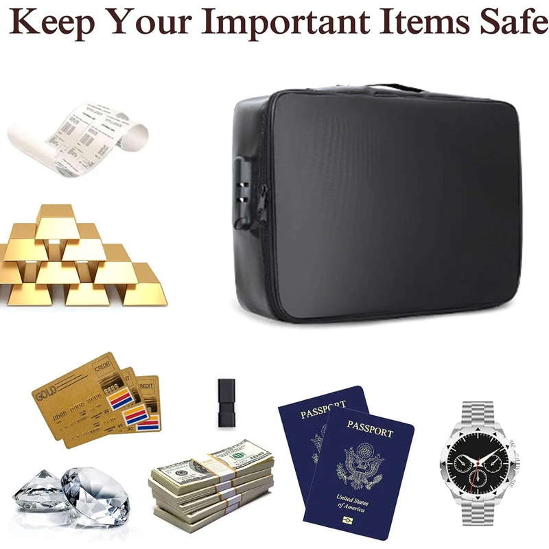 Fireproof Document Bag with Lock Water-Resistant Storage Case for Files Money