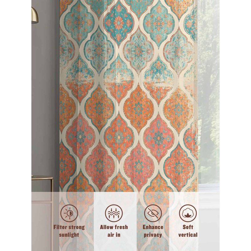 Boho Sheer Curtains Set - 2 Panels with Rod Pocket for Bedroom & Living Room