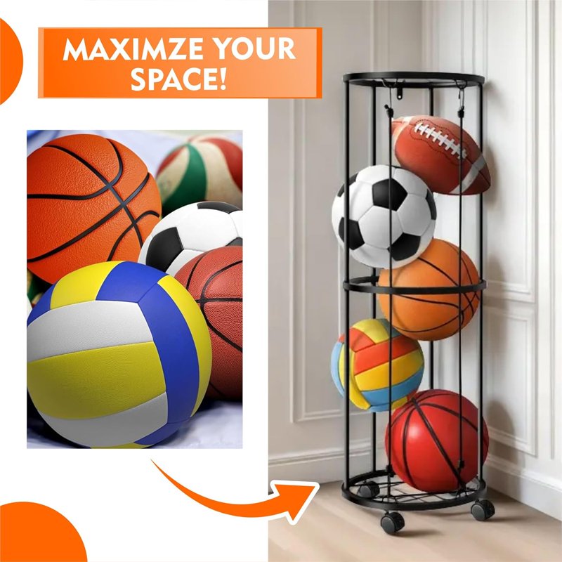 Vertical Ball Storage Rack with Wheels for Basketball Volleyball Soccer Balls