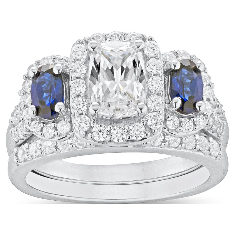 Sterling Silver Bridal Ring Set with Simulated White Diamonds & Sapphire – Engagement & Wedding Band