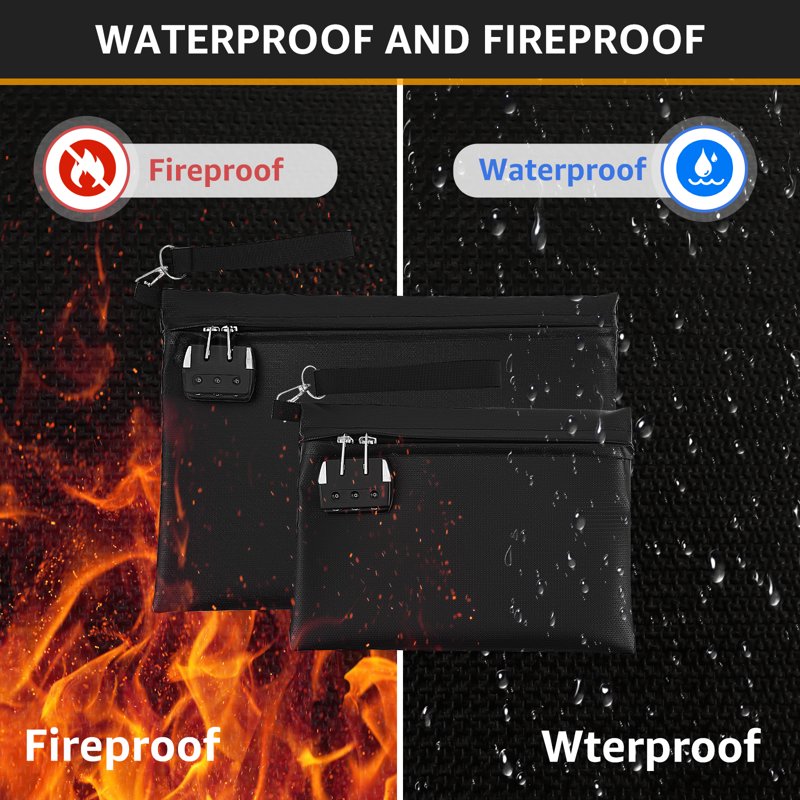 Fireproof Waterproof Document Bag Set with Combination Lock - 2 Pcs Secure Storage Pouches