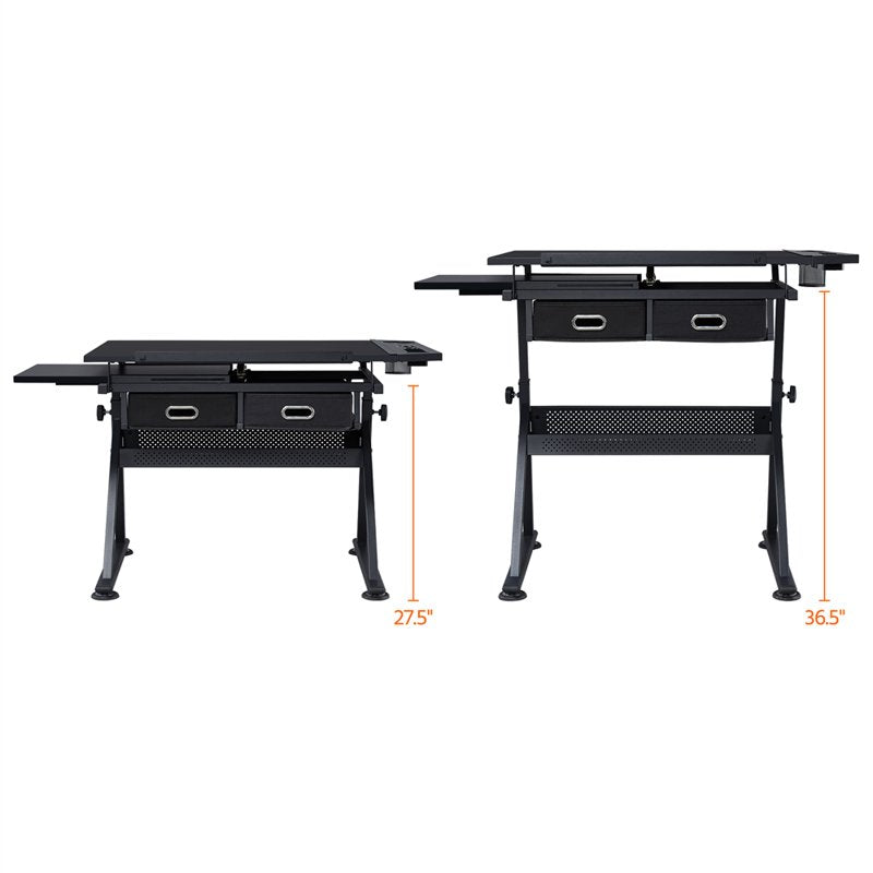 Adjustable Height Drafting Table and Stool Set with Storage - Black