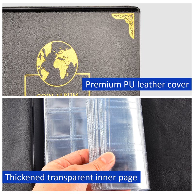 Coin Collection Organizer Album with 300 Transparent Sleeves - Black Earth Pattern