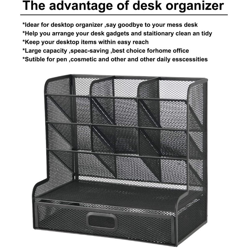 Mesh Desk Organizer with Drawer - Multi-Functional Pen Holder & Storage Rack