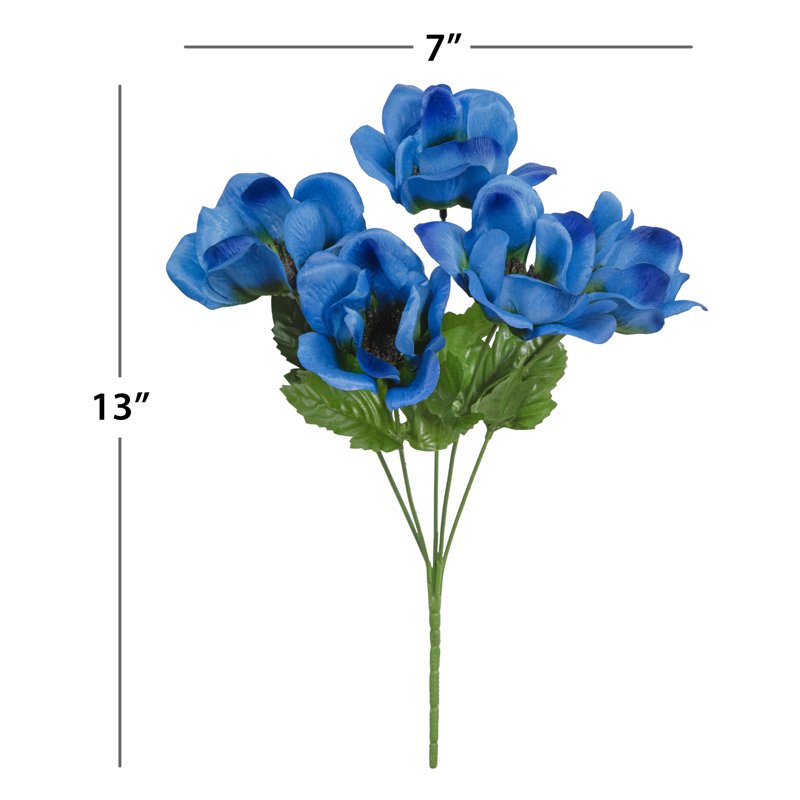 Artificial Anemone Flower Pick - Blue, 5-Head, 13 Inch Indoor Decor