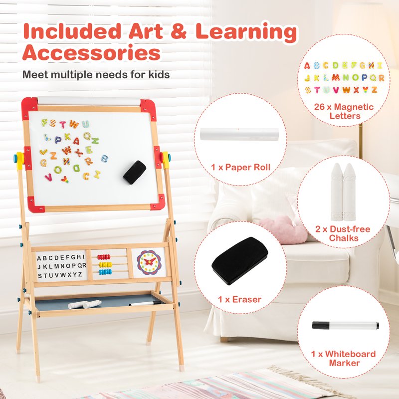 Kids Wooden Art Easel with Double Sided Chalkboard & Whiteboard, Paper Roll & Storage Tray