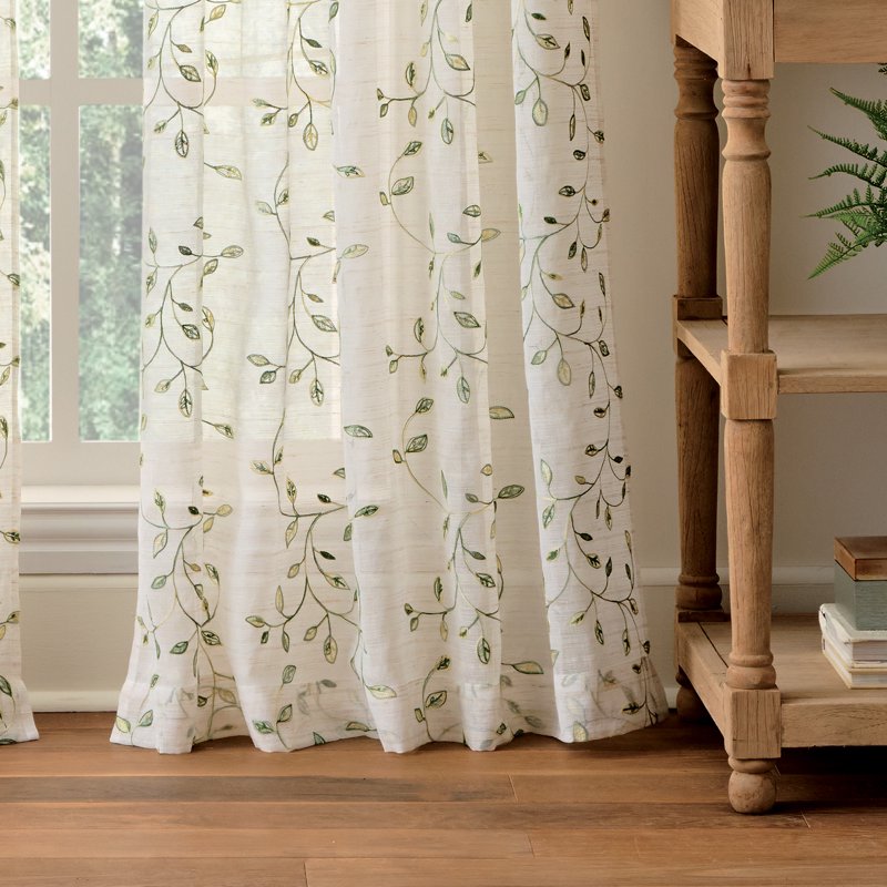 Embroidery Sheer Curtain Panel Pair - White & Green, Rod Pocket, 2 Pieces, Custom Sizes