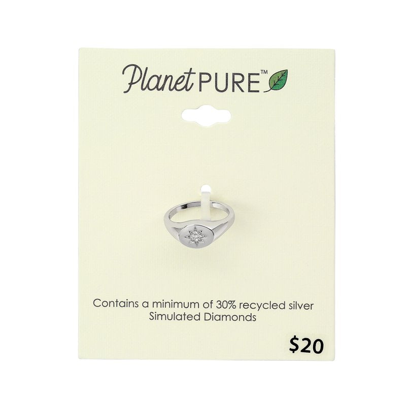 Women's Signet Ring with Simulated Diamonds in Recycled Sterling Silver Size 8