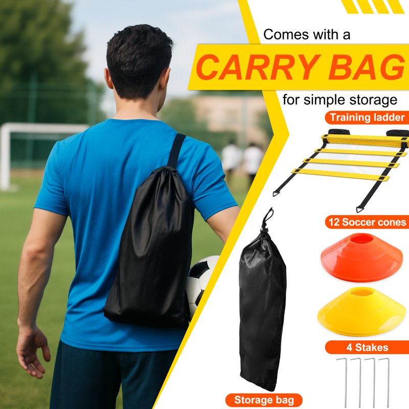 Agility Ladder Training Set with 12 Rungs, 20ft Speed Ladder, 12 Cones & 4 Stakes – Football, Soccer & Basketball Training Equipment