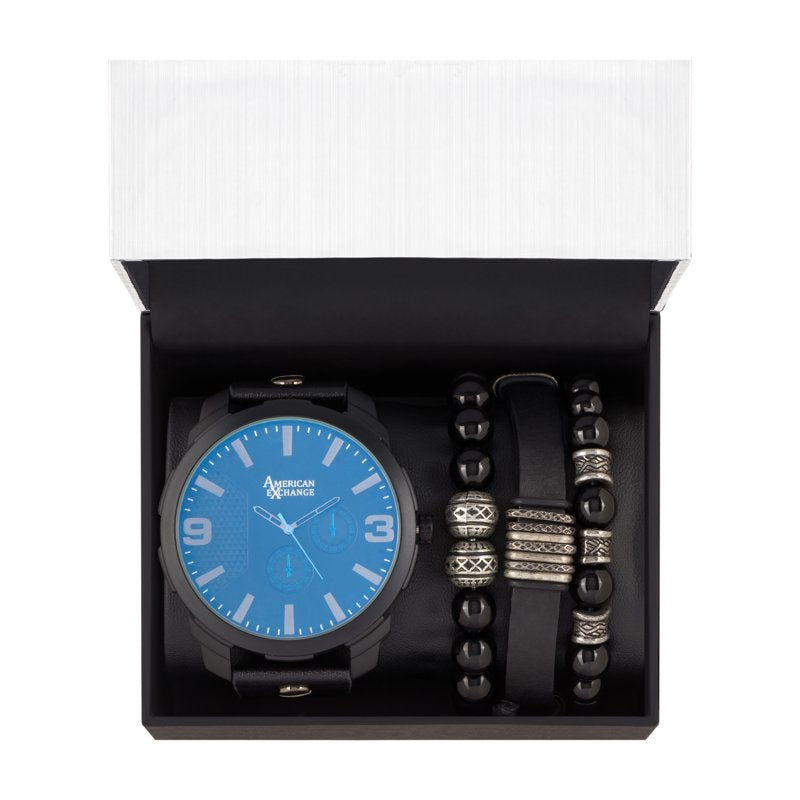Men's Black Quartz Watch & Stackable Bracelets Gift Set - Analog Timepiece