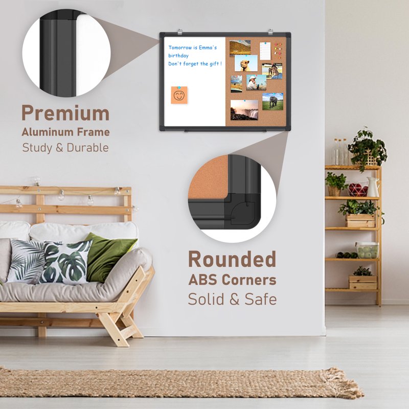 Magnetic Whiteboard & Cork Bulletin Board Combo Wall Mount 24x18in