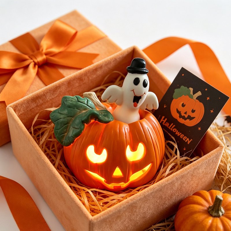 Vintage Hand Painted Lighted Pumpkin with Ghost – Cute Top Hat Lantern Night Light