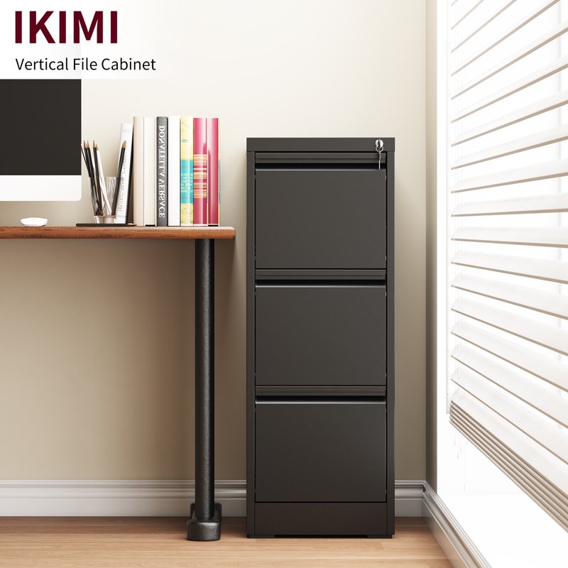 3-Drawer Metal File Cabinet with Lock for Office & Home Storage - Black