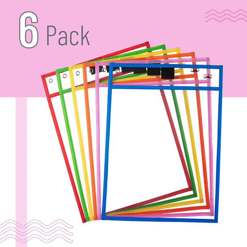 Dry Erase Pocket Sleeves Set of 6 - A4 10x14 Inch Colorful Plastic Sheets