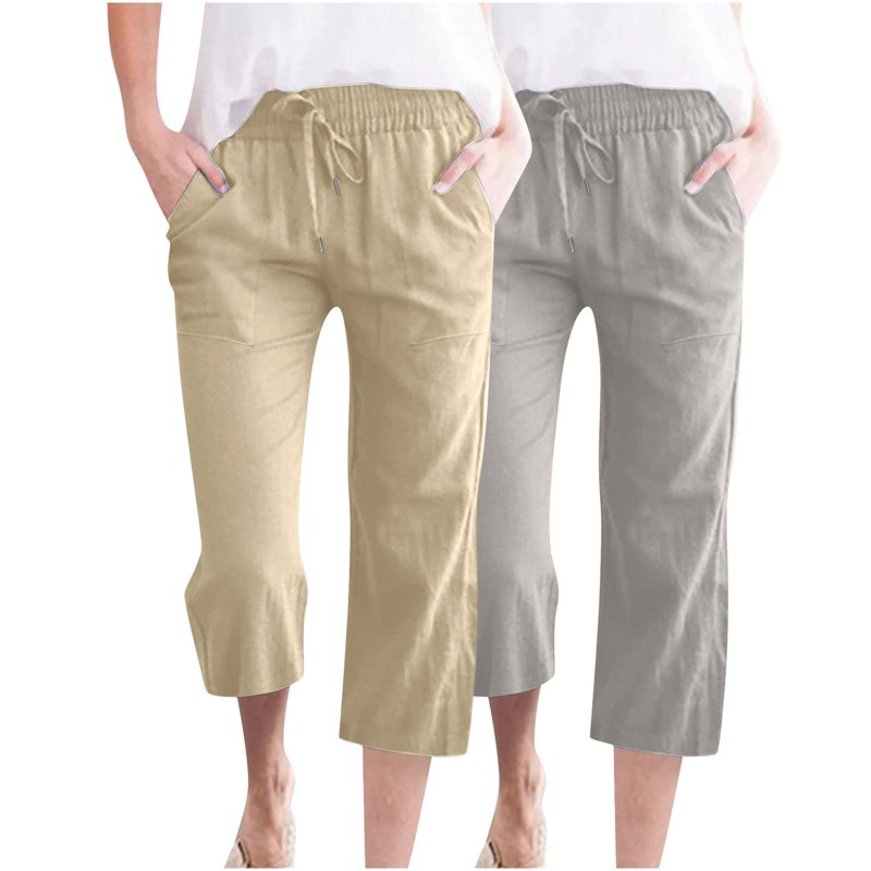 Women's Linen Capri Pants 2 Pack - Dressy Casual Elastic Waist Cropped Trousers