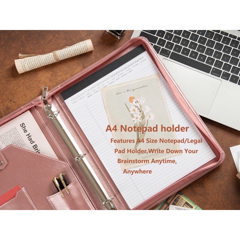 Vegan Leather Portfolio with Zippered Binder, 3-Ring, Business Organizer, Rose