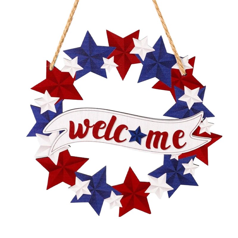 Patriotic Welcome Wreath with Wooden Stars for 4th of July Front Door Decor