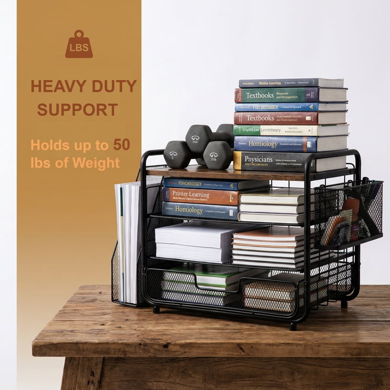4-Tier Metal Desk Organizer with Drawers Pen Holder and File Rack