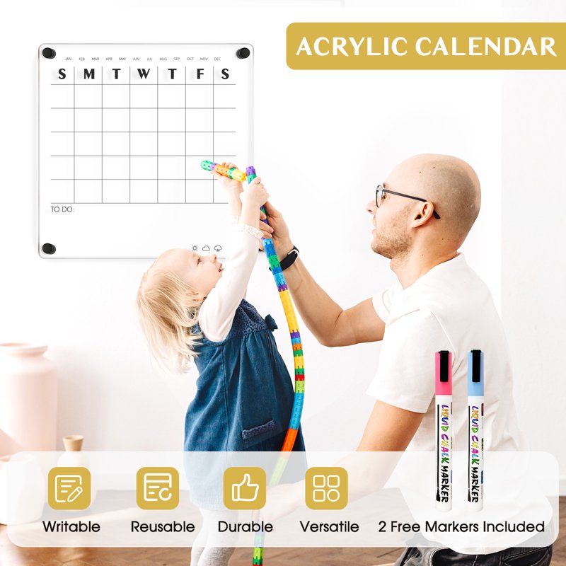 Reusable Acrylic Wall Calendar 12x12 Inch Monthly Planner & Memo Board