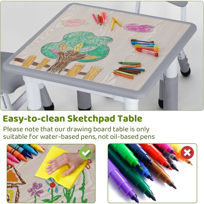 Kids Activity Table and Chairs Set with Adjustable Height, Non-Slip Legs, Gray