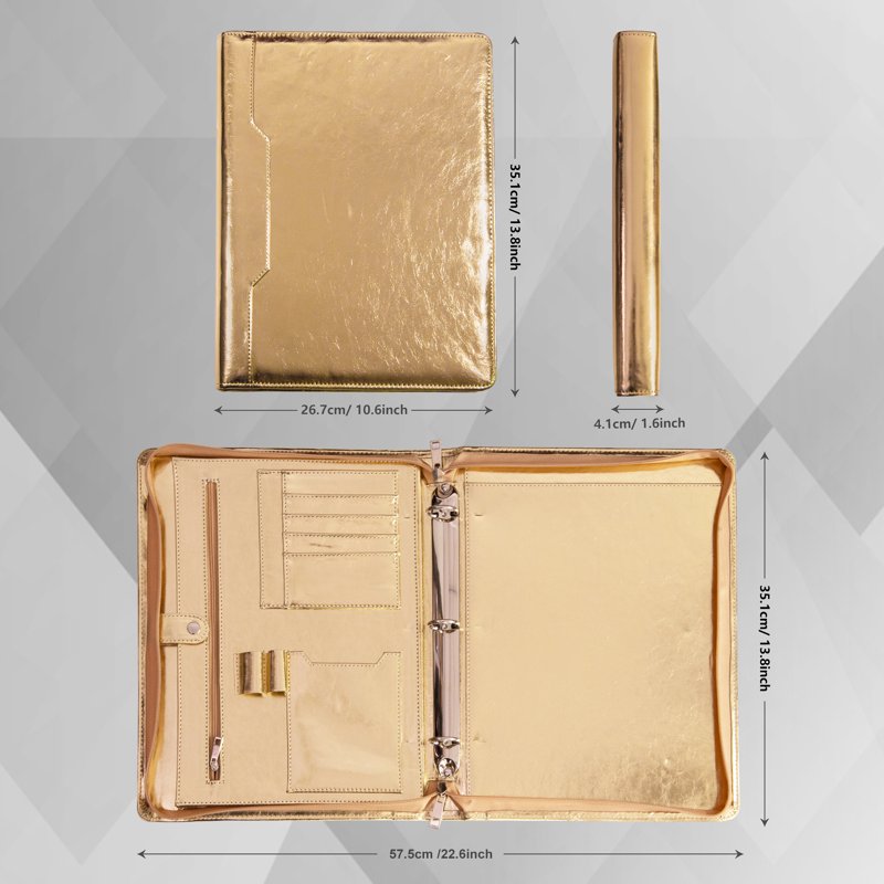 Vegan Leather Portfolio Binder with Zipper & Tablet Sleeve - Gold