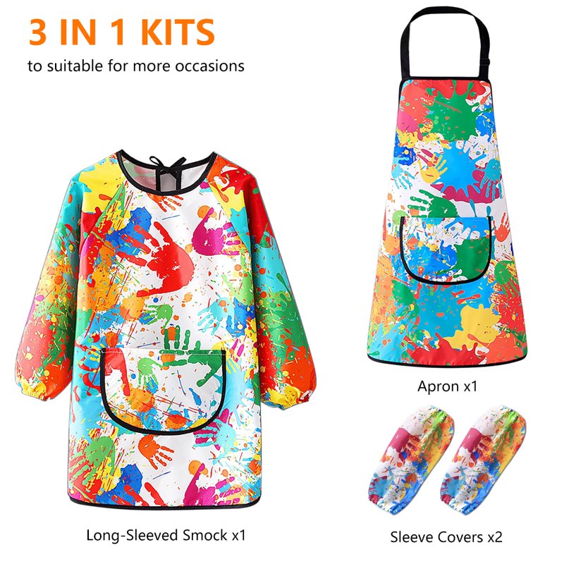 Kids Waterproof Art Smock & Apron Set with Adjustable Straps - Toddler & Child Painting & Cooking Apron
