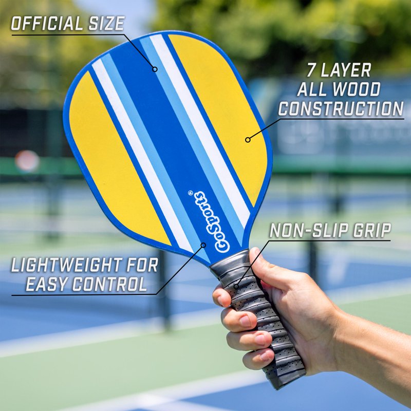 GoSports Pickleball Set - 4 Paddles, 4 Pickleballs & Carry Case - Blue Retro