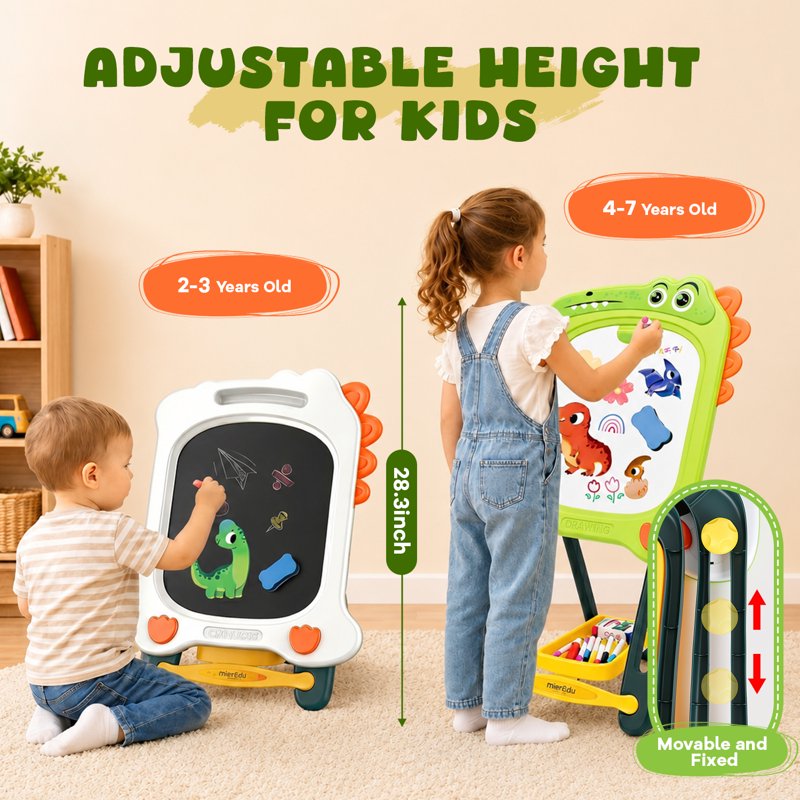 Kids Double-Sided Magnetic Whiteboard & Chalkboard Easel with Storage Tray - Dinosaur Design