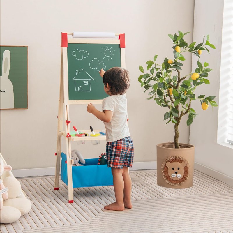 Kids Wooden Art Easel with Magnetic Chalkboard Whiteboard & Paper Roll - Height Adjustable & Storage