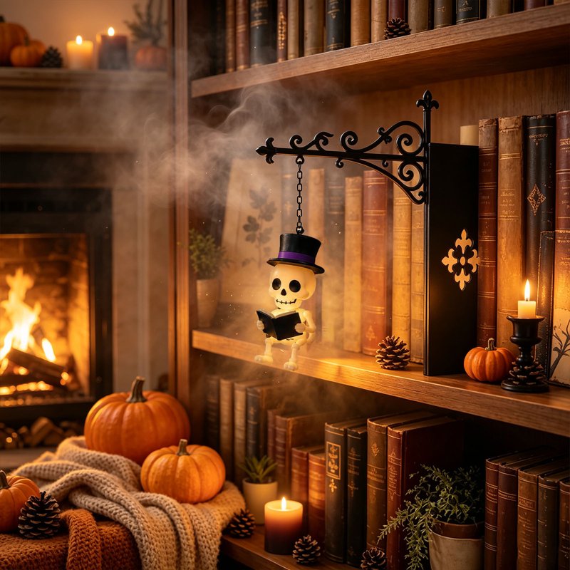 Hat Skull Halloween Bookshelf Lamp - Vintage Ghost Library Light with Bookend Base (Variation #5)