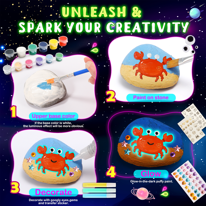 Glow in the Dark Rock Painting Kit for Kids - Arts & Crafts Supplies Gift Set