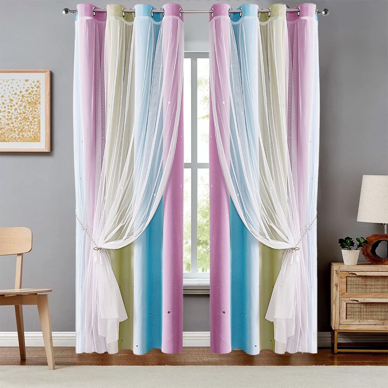 Colorful Rainbow Gradient Stripe Double Layer Blackout Curtain for Girls Bedroom