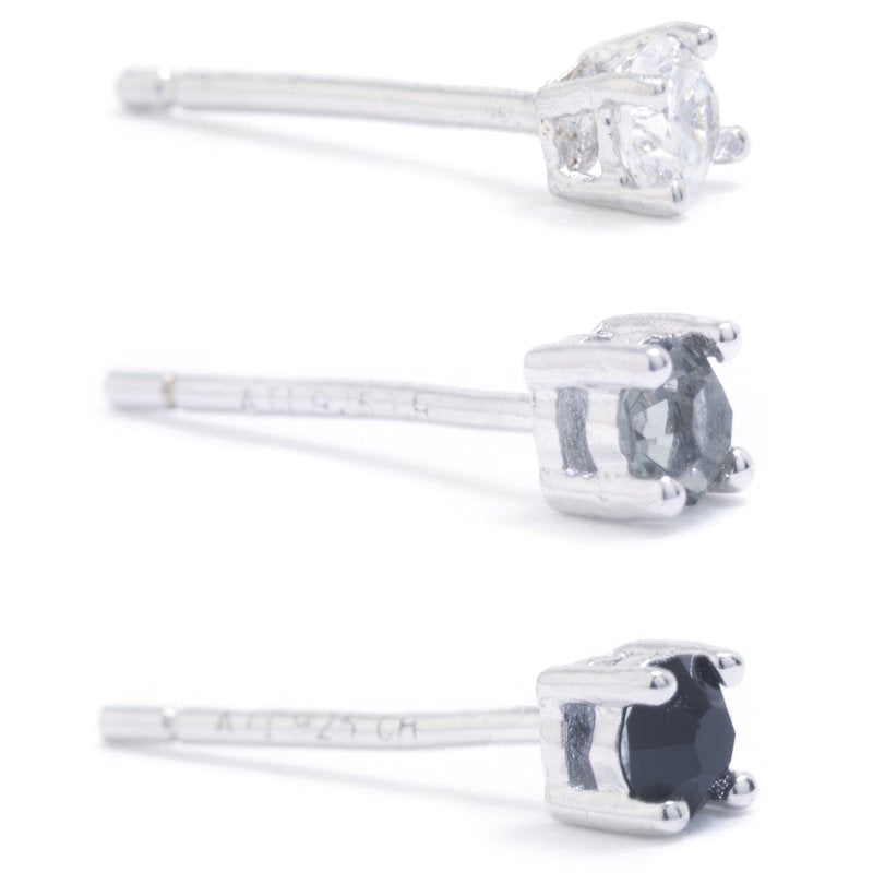 Sterling Silver 3-Pair Stud Earrings Set with Cubic Zirconia & Crystals for Women & Teens