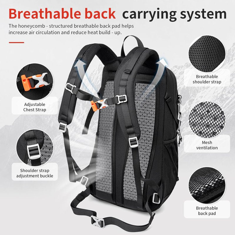 JIDIZHE 35L Hiking Backpack Black003 – Water-Resistant Daypack with Rain Cover, Lightweight, Adjustable Chest Strap