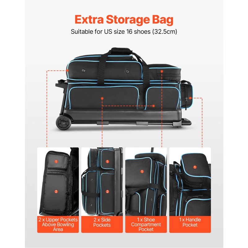 3-Ball Double Roller Bowling Bag with Wheels & Shoe Compartment - Fits US Size 16